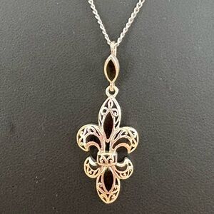 Fleur De Lis Pendant Black onyx 925 Sterling Silver 18" necklace GFJ